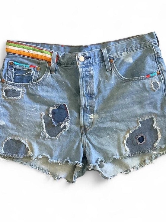 Levi's Pants - Levi's 501 Light Blue Distressed Denim Shorts with Colorful Waist Trim - Size 33